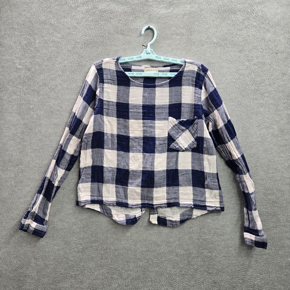Cloth & Stone Anthropologie Women Blouse L Blue Plaid Lace Up Pocket Round Neck